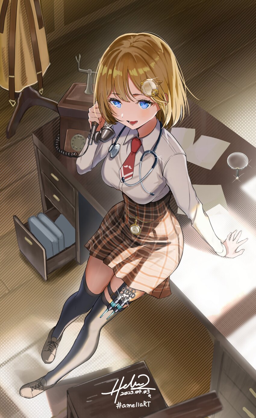 1girl, :d, absurdres, blonde_hair, blue_eyes, corded_phone, desk, from_above