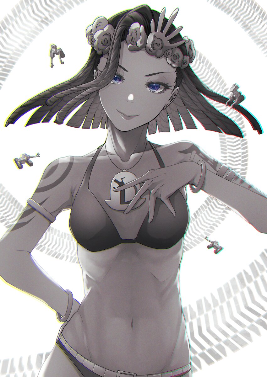 1boy, absurdres, arm_tattoo, armlet, bikini, blue_eyes, bracelet, chromatic_aberration, dark-skinned_male, dark_skin, dragon_tattoo, dragona_joestar, dreadlocks, flower_wreath, garland_(decoration), hand_on_own_chest, head_wreath, highres, jewelry, jojo_no_kimyou_na_bouken, looking_at_viewer, male_with_breasts, necklace, oekakissaerizoh, smooth_operators, solo, spot_color, stand_(jojo), swimsuit, tattoo, the_jojolands, trap