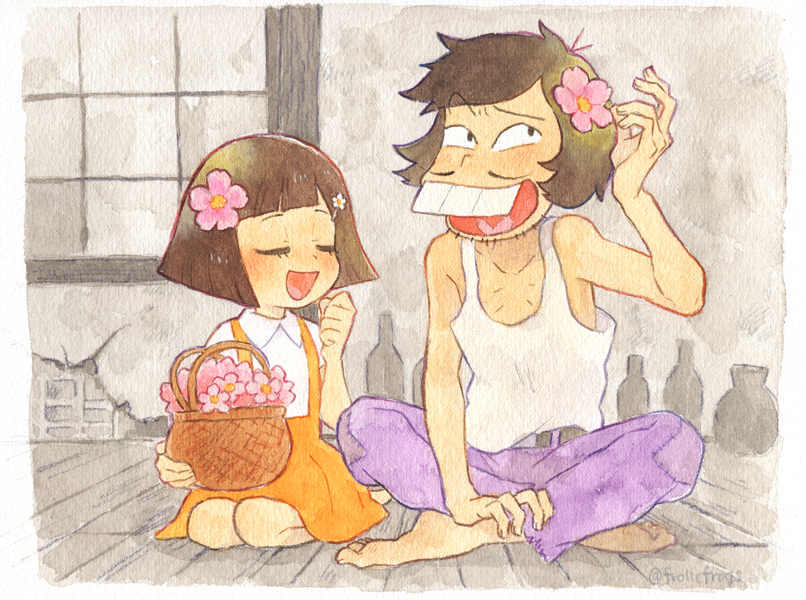 1boy, 1girl, brown_hair, buck_teeth, child, closed_eyes, facial_hair, flower