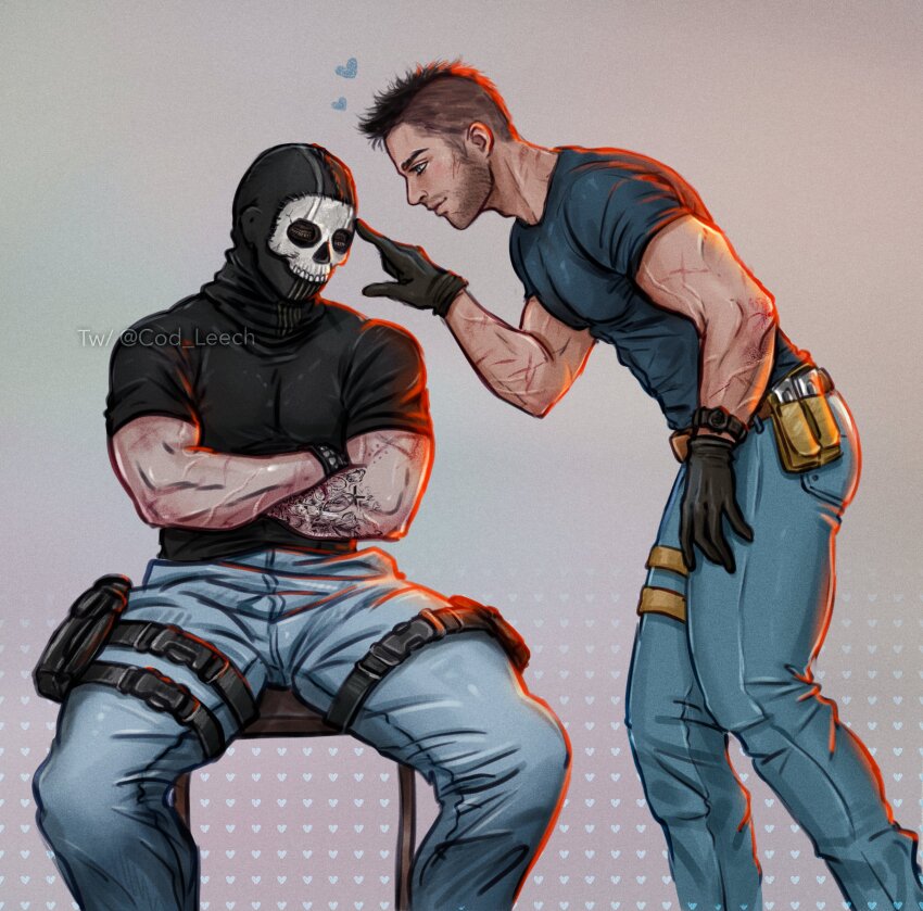 2boys, absurdres, arm_tattoo, asymmetrical_hair, belt, black_gloves, black_hair, black_shirt