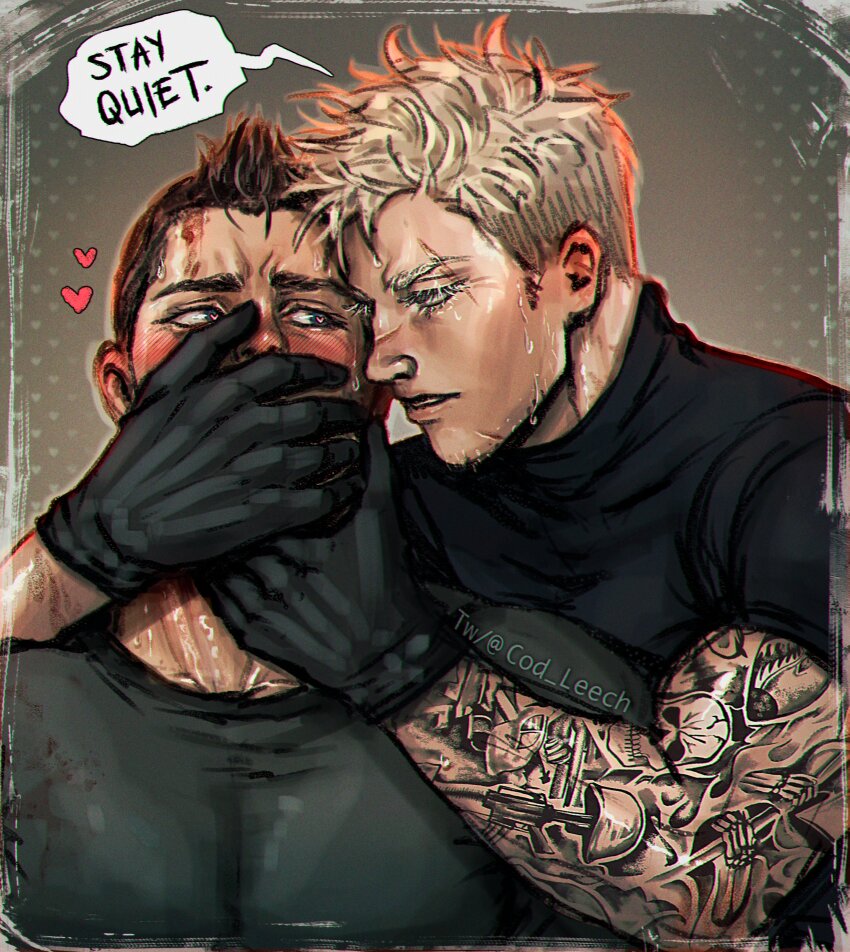 2boys, absurdres, arm_tattoo, bara, black_gloves, black_hair, black_shirt, blonde_hair