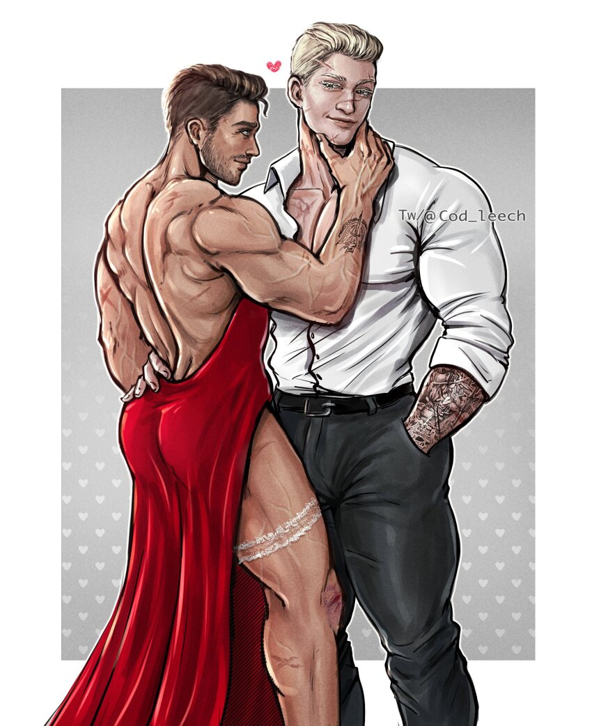 2boys, arm_tattoo, ass, bara, bare_back, belt, black_belt, black_hair, black_pants, blonde_hair, call_of_duty, call_of_duty:_modern_warfare_2, cod_leech, collared_shirt, couple, dress, facial_hair, ghost_(modern_warfare_2), heart, highres, large_pectorals, looking_at_another, male_focus, multiple_boys, muscular, muscular_male, pants, pectorals, red_dress, scar, scar_on_face, scars_all_over, shirt, short_hair, soap_(modern_warfare_2), tattoo, too_many, twitter_username, white_shirt, yaoi