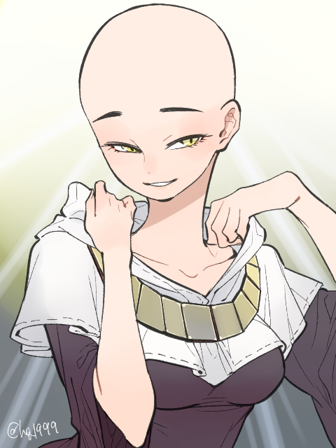 alternate_hairstyle, bald, bald_female, breasts, fate/extra, fate/extra_ccc, fate_(series), gradient_background, grin, hood, hood_down, medium_breasts, monk, sessyoin_kiara, smile, tamago_toji, white_hood, wide_sleeves, yellow_eyes