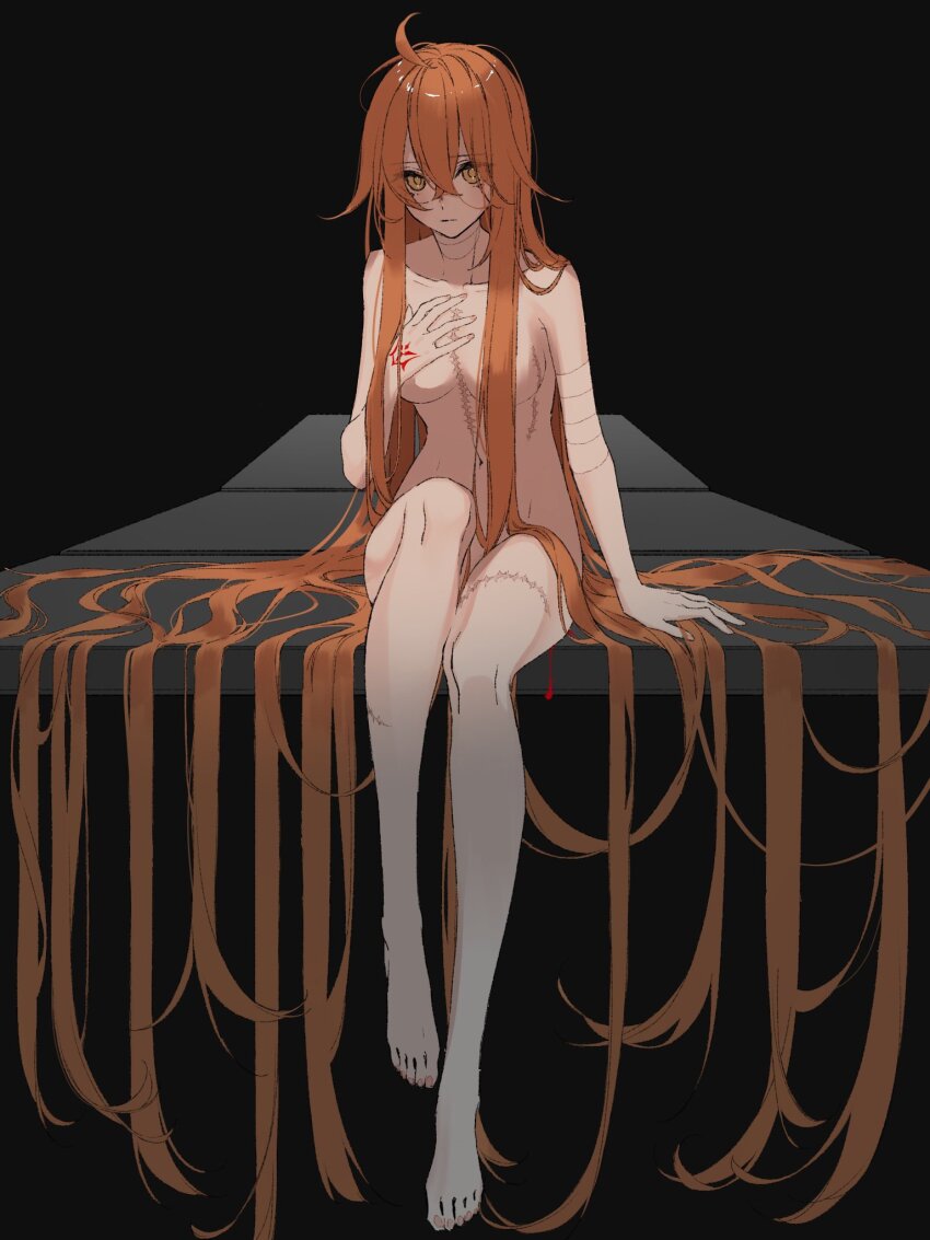 1girl, ahoge, alternate_hair_length, alternate_hairstyle, bandaged_neck, bandages, barefoot, black_background, blood, breasts, command_spell, completely_nude, convenient_censoring, expressionless, fate/grand_order, fate_(series), fujimaru_ritsuka_(female), full_body, convenient_hair, hair_down, hair_flowing_over, hand_on_own_chest, hand_up, highres, kurenai_veni1, long_hair, looking_at_viewer, medium_breasts, nude, orange_hair, scar, scar_on_breasts, scar_on_chest, scar_on_leg, simple_background, sitting, solo, very_long_hair, yellow_eyes