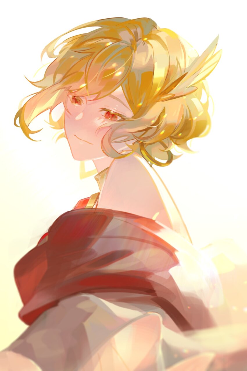 1girl, bare_shoulders, blonde_hair, citrinne_(fire_emblem), closed_mouth, earrings, feather_hair_ornament, feathers