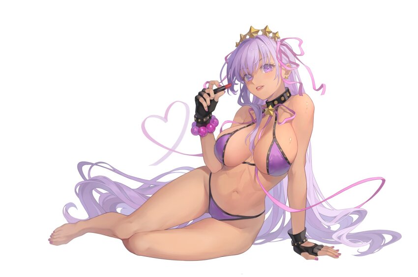 1girl, arm_support, bare_legs, barefoot, bb_(fate), bb_(swimsuit_mooncancer)_(second_ascension)_(fate), bead_bracelet, beads