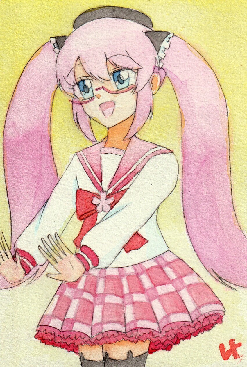 1girl, akiba-tan, black_socks, checkered_clothes, checkered_skirt, highres, pink_hair, sailor_collar