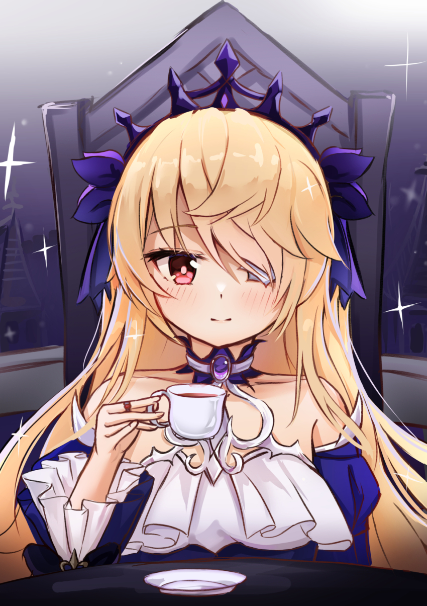 1girl, alternate_eye_color, bare_shoulders, blonde_hair, blush, choker, cosplay, cup