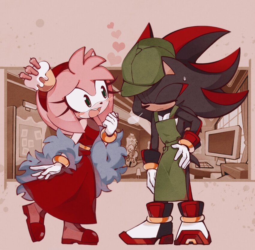 1boy, 1girl, absurdres, air_shoes, amy_rose, animal_ears, animal_nose, apron