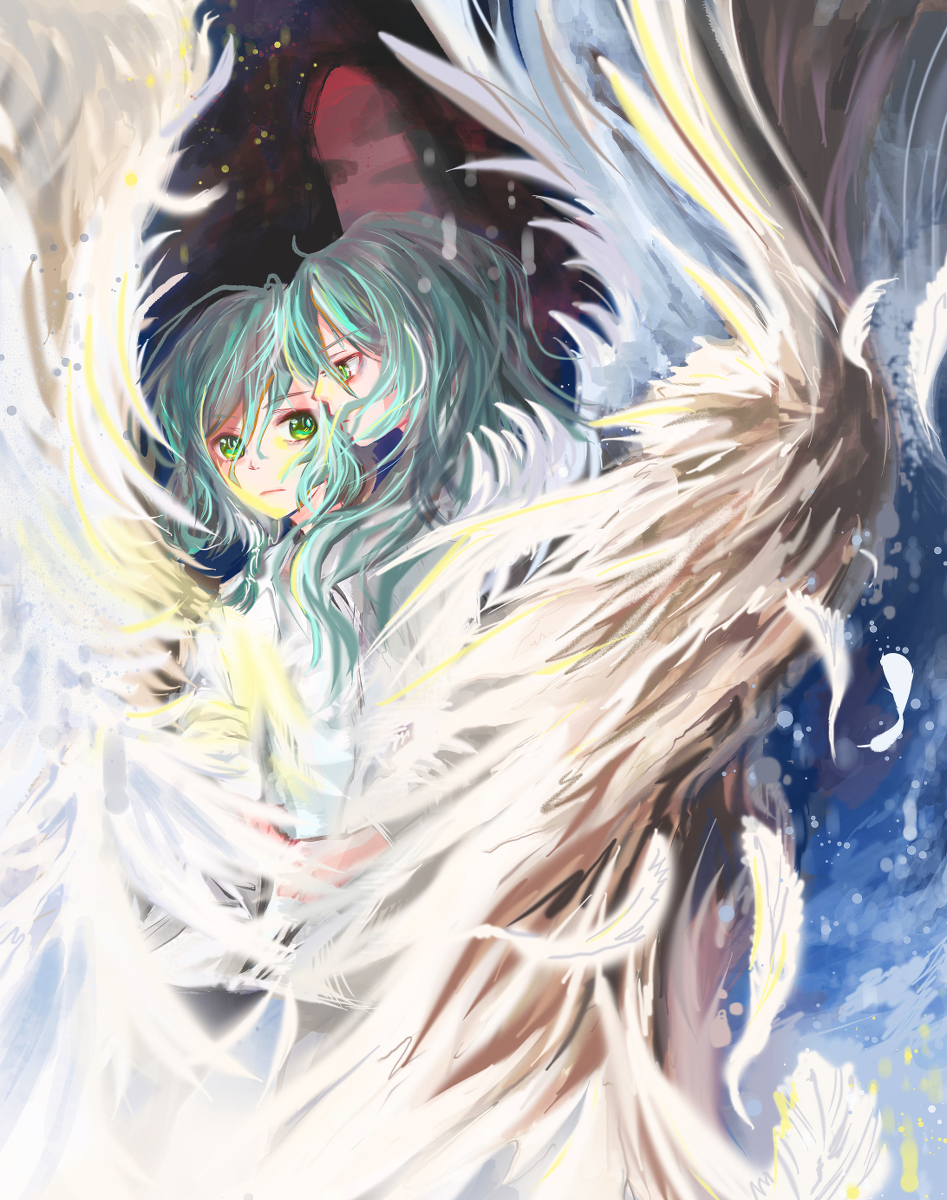 2girls, angel_wings, aqua_hair, bad_id, bad_pixiv_id, bang_dream!, bang_dream!_girls_band_party!, braid, dress, eye_contact, face-to-face, feathers, green_eyes, highres, hikawa_hina, hikawa_sayo, irgendwann, long_hair, looking_at_another, multiple_girls, siblings, side_braids, sisters, twins, white_dress, white_feathers, wings