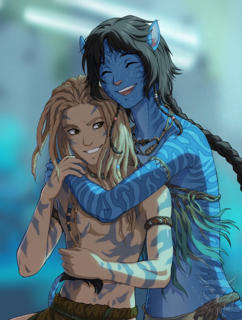1boy, 1girl, alien, arm_cuffs, avatar:_the_way_of_water, black_hair, blue_skin, blurry, blurry_background, braid, braided_ponytail, brown_hair, closed_eyes, colored_skin, commentary, dreadlocks, english_commentary, full-body_tattoo, highres, hug, hug_from_behind, interspecies, james_cameron's_avatar, jay_kuro, kiri_(avatar), light_brown_hair, long_hair, medium_hair, na'vi, navel, pointy_ears, science_fiction, short_hair_with_long_locks, simple_background, solo_focus, spider_(avatar), tail, tattoo, teeth, topless_male, tribal, upper_teeth_only