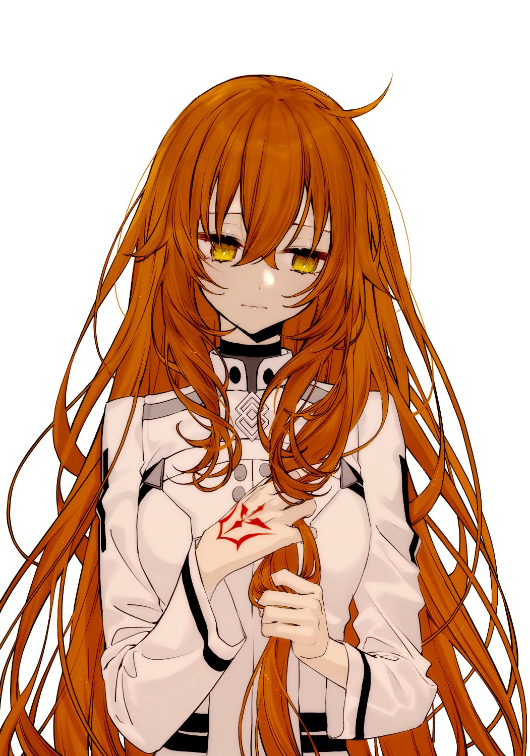 alternate_hair_length, alternate_hairstyle, command_spell, fate/grand_order, fate_(series), fujimaru_ritsuka_(female), fujimaru_ritsuka_(female)_(decisive_battle_chaldea_uniform), highres, holding, holding_own_hair, kurenai_veni1, long_hair, orange_hair, simple_background, solo, very_long_hair, white_background, yellow_eyes