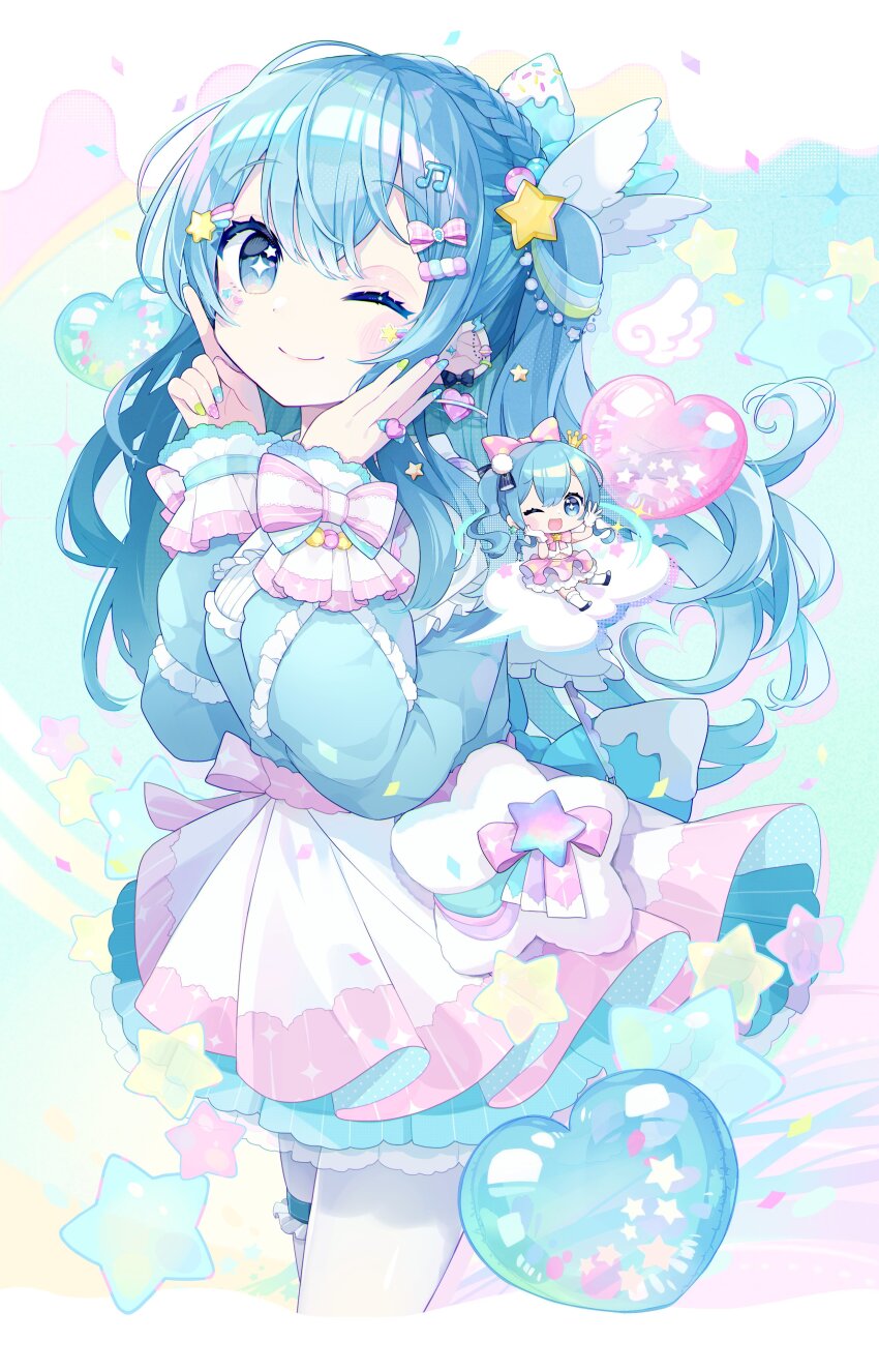 2girls, absurdres, bag, balloon, blue_eyes, blue_hair, blush, bow