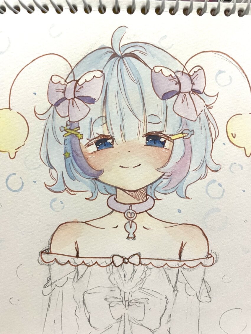 1girl, antennae, bare_shoulders, blue_eyes, blue_hair, blush, bow, bubble, choker, closed_mouth, collarbone, commentary, dress, english_commentary, hair_bow, hair_ornament, hairclip, highres, indie_virtual_youtuber, looking_at_viewer, moon_jelly, moon_jelly_(artist), off-shoulder_dress, off_shoulder, photo_(medium), purple_bow, purple_choker, sketch, smile, solo, split_mouth, straight-on, thick_eyebrows, traditional_media, unfinished, virtual_youtuber, white_background