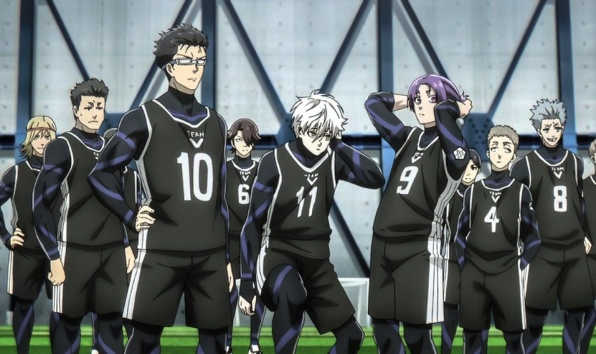 6+boys, arms_up, black_hair, blue_lock, egoist, long_hair, mikage_reo, multiple_boys, nagi_seishirou, purple_eyes, purple_hair, team_v, white_hair, zantetsu_tsurugi