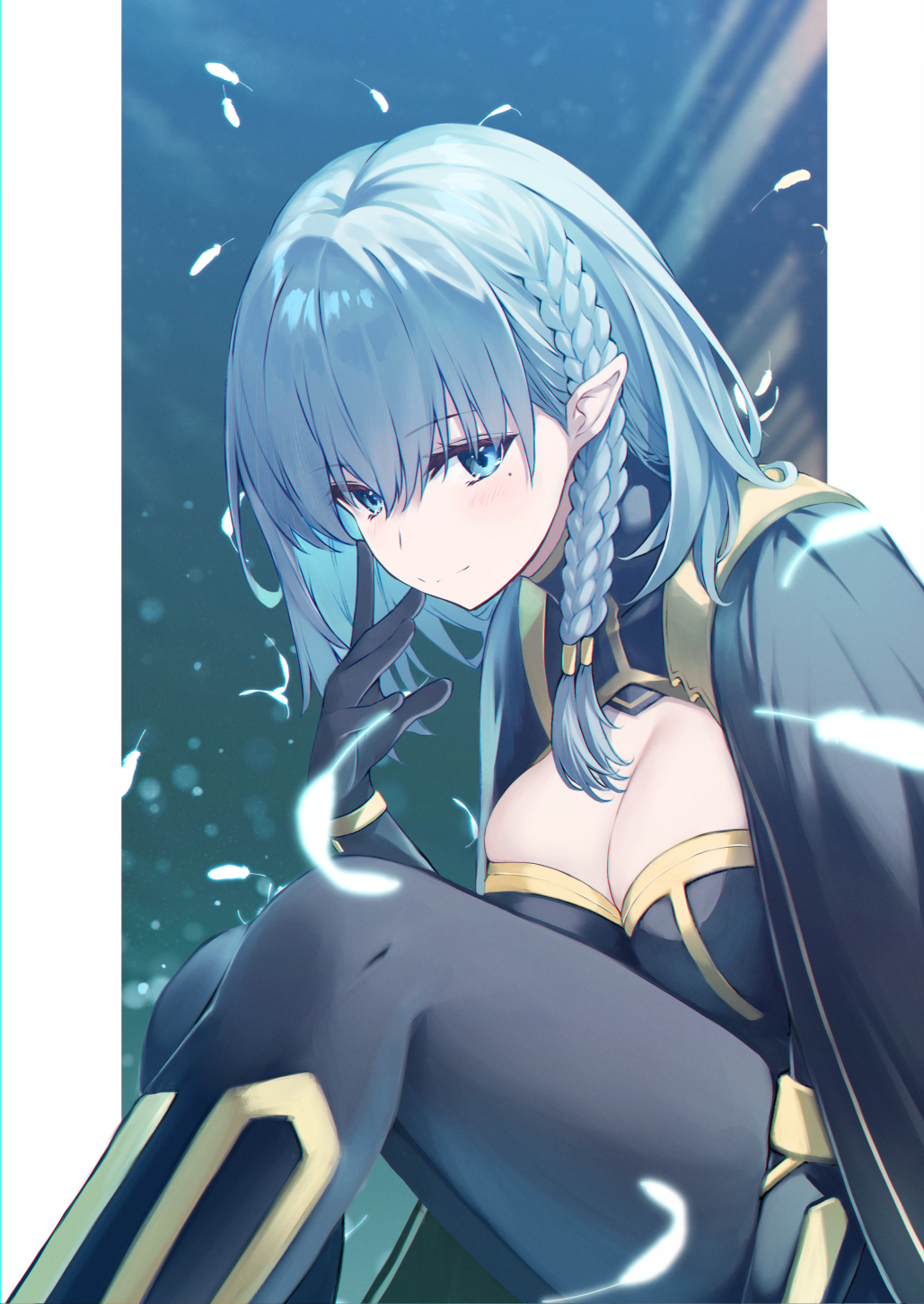 1girl, beta_(kagejitsu), black_bodysuit, black_gloves, blue_eyes, blush, bodysuit, braid