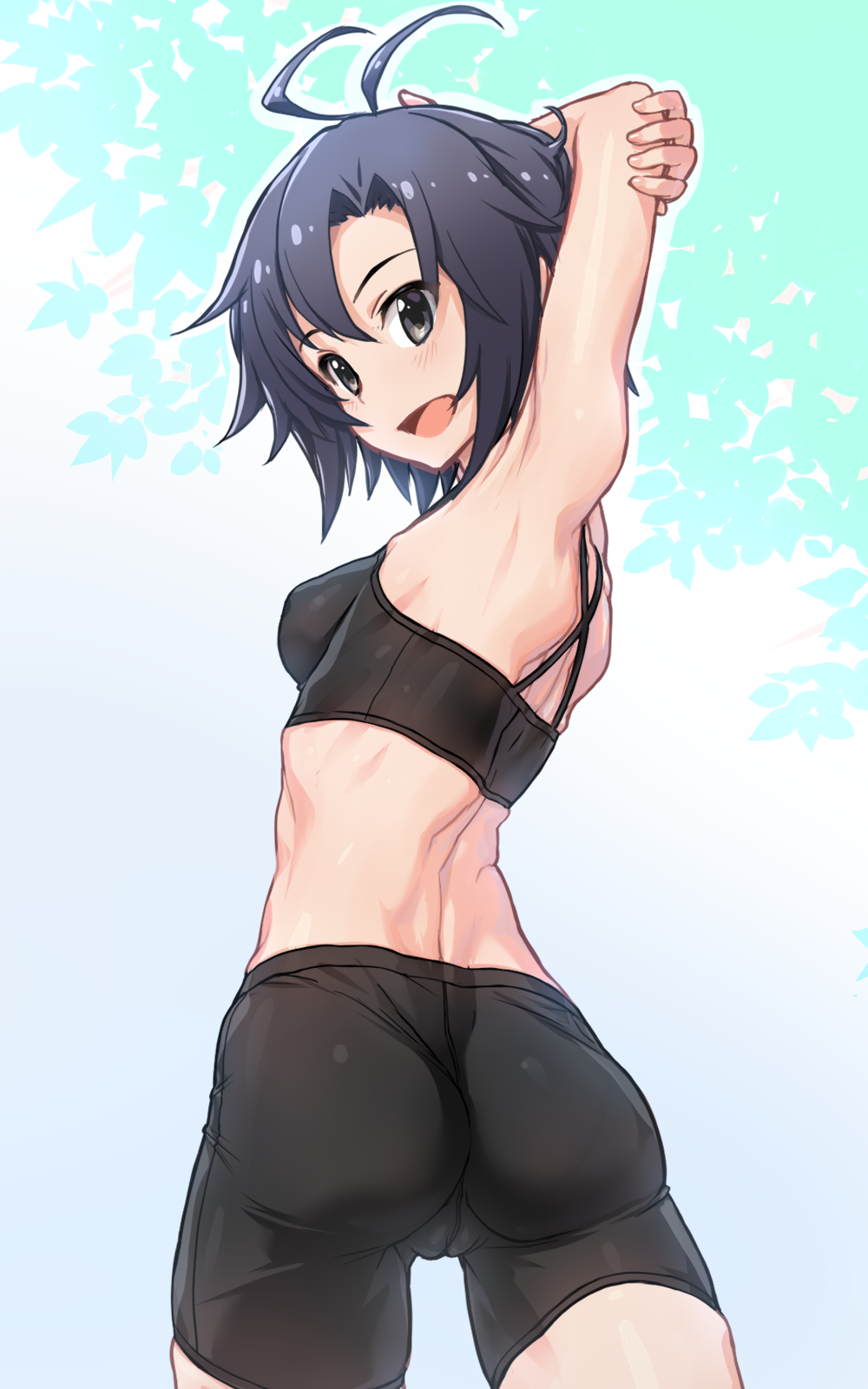 1girl, :d, antenna_hair, arm_behind_head, armpits, arms_up, ass, back, bare_back, bare_shoulders, bike_shorts, black_eyes, black_hair, black_shorts, black_sports_bra, blue_background, blush, breasts, cameltoe, commentary, cowboy_shot, from_behind, gradient_background, hair_between_eyes, heppoko_r, highres, idolmaster, idolmaster_(classic), kikuchi_makoto, leaf, light_blush, looking_at_viewer, looking_back, midriff, open_mouth, short_hair, shorts, shoulder_blades, skindentation, small_breasts, smile, solo, sports_bra, standing, stretching, tomboy, tree, twisted_torso, white_background