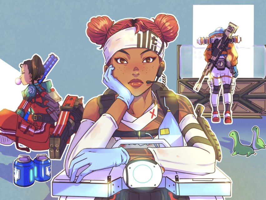 3girls, apex_legends, arm_tattoo, blue_headwear, blush, bodysuit, breasts, brown_eyes