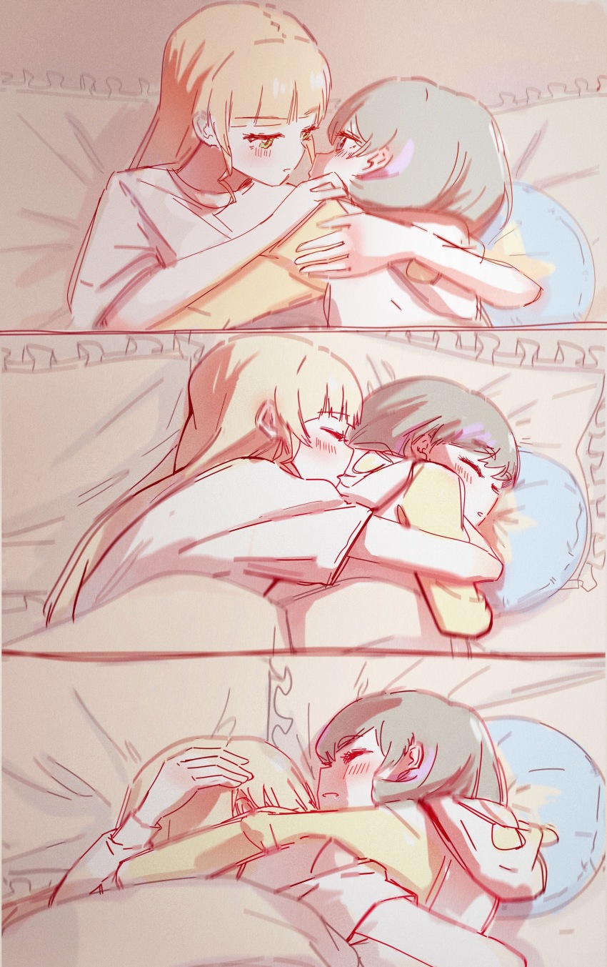 2girls, absurdres, bed, blonde_hair, blush, closed_eyes, eye_contact, grey_hair, hair_behind_ear, heanna_sumire, highres, hug, hug_from_behind, long_hair, looking_at_another, love_live!, love_live!_superstar!!, lying, multicolored_hair, multiple_girls, parted_lips, pillow, purple_hair, sangdingting, short_hair, sleeping, streaked_hair, tang_keke, under_covers, yuri