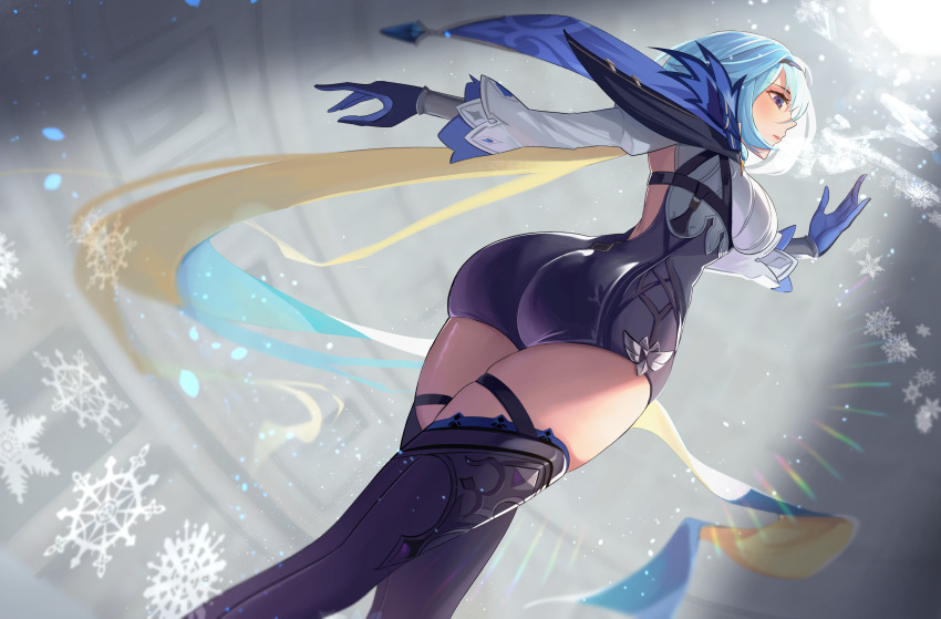 1girl, ass, blue_hair, breasts, capelet, eula_(genshin_impact), feet_out_of_frame, from_below