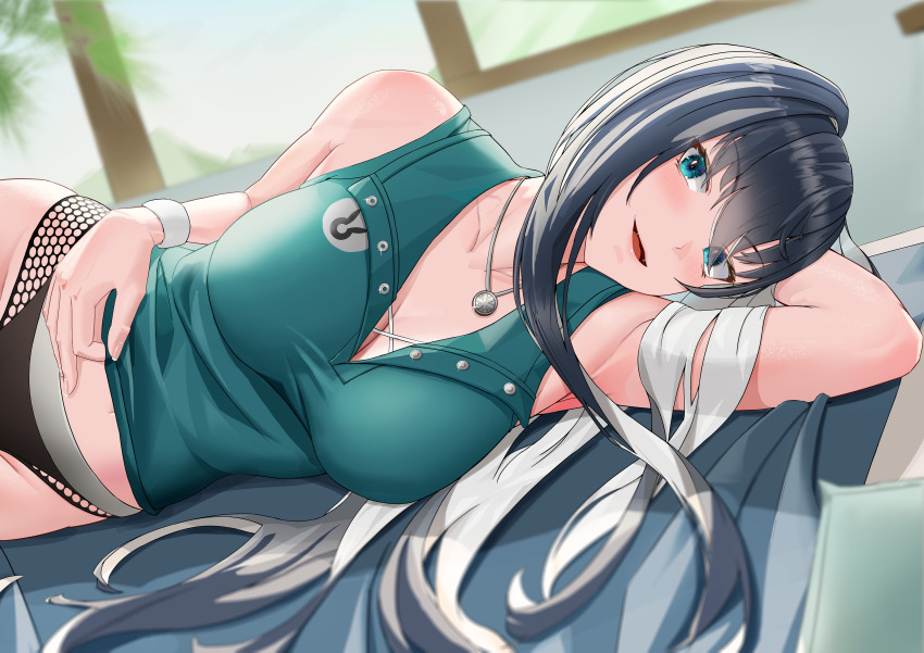 1girl, absurdres, aqua_eyes, aqua_shirt, armpits, black_hair, black_panties, blush