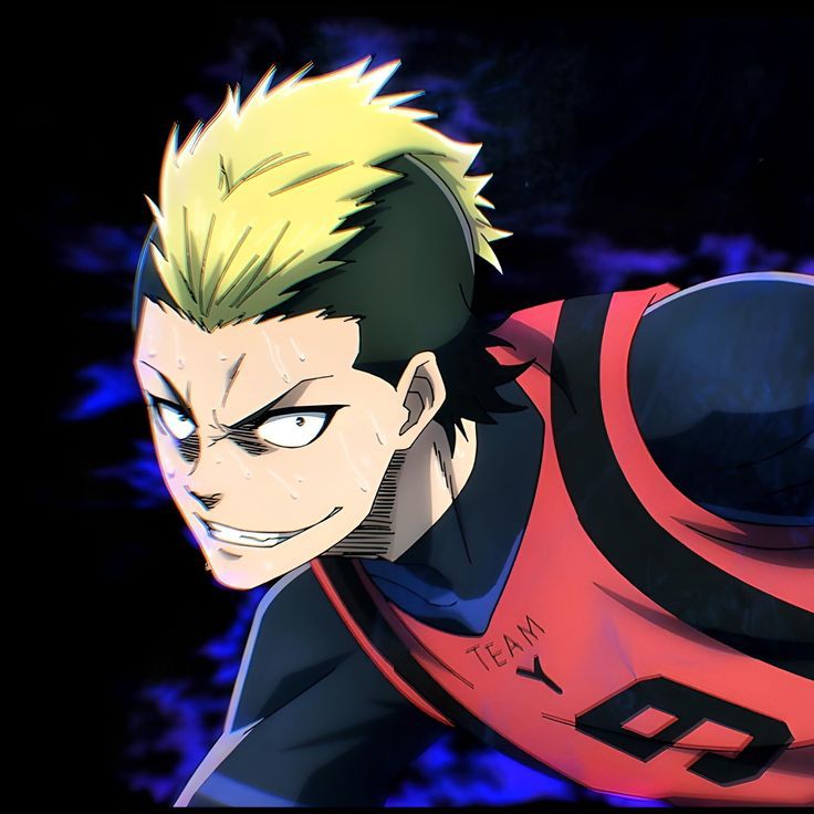 1boy, bad_id, bad_twitter_id, ball, blonde_hair, blue_lock, blue_shirt, brown_background