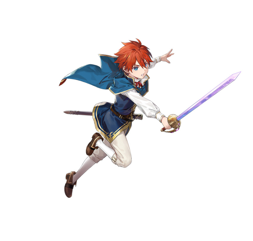 1boy, aged_down, azu-taro, blue_eyes, brown_footwear, capelet, clenched_teeth, eliwood_(fire_emblem)