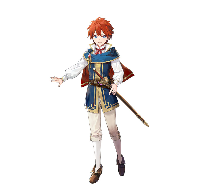 1boy, aged_down, azu-taro, blue_eyes, brown_footwear, capelet, eliwood_(fire_emblem), eliwood_(pledged_friend)_(fire_emblem)