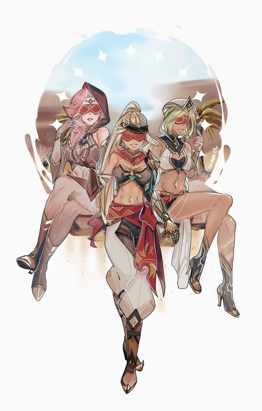 3girls, absurdres, aoiabyss, armor, babel_(genshin_impact), bare_shoulders, blindfold, blonde_hair