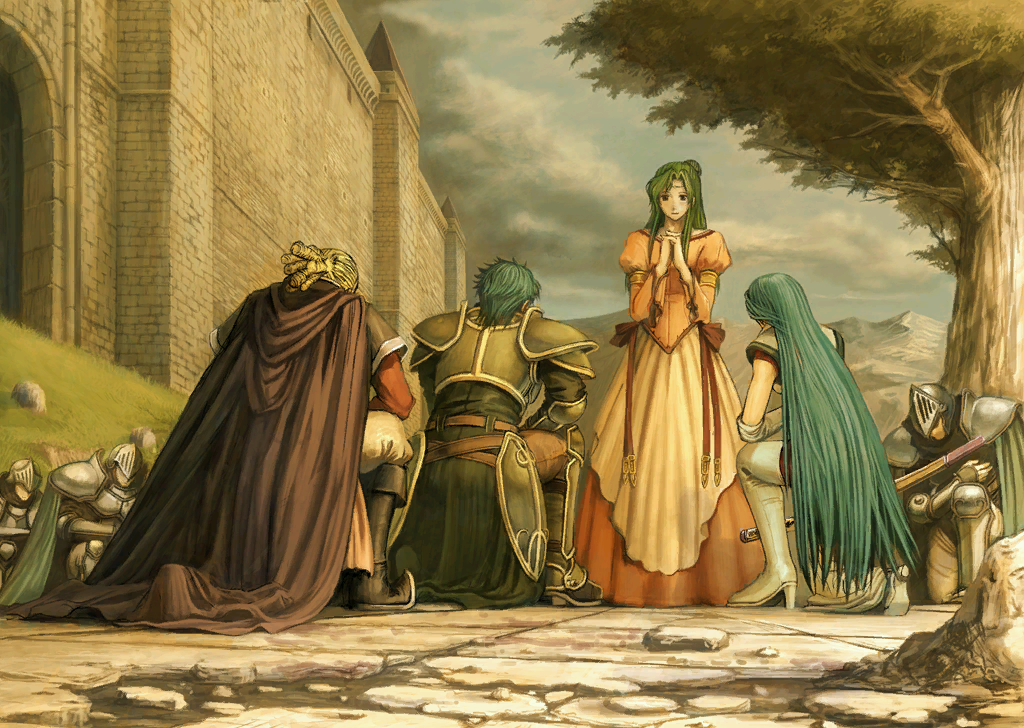 2girls, 5boys, armor, bastian_(fire_emblem), belt, blonde_hair, boots, cape, castle, dress, elincia_ridell_crimea, fire_emblem, fire_emblem:_path_of_radiance, geoffrey_(fire_emblem), green_hair, half_updo, kneeling, long_hair, lucia_(fire_emblem), multiple_boys, multiple_girls, nintendo, official_art, sword, thigh_boots, thighhighs, tree, very_long_hair, weapon
