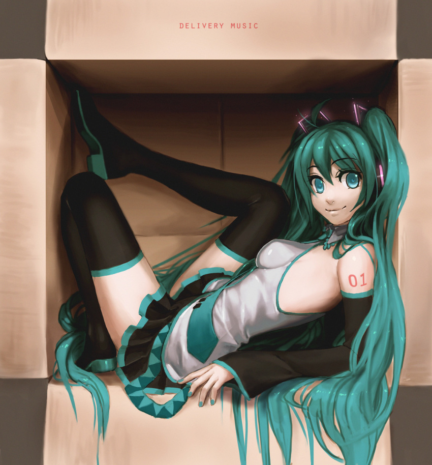1girl, aqua_eyes, aqua_hair, bad_id, bad_pixiv_id, box, cardboard_box, detached_sleeves