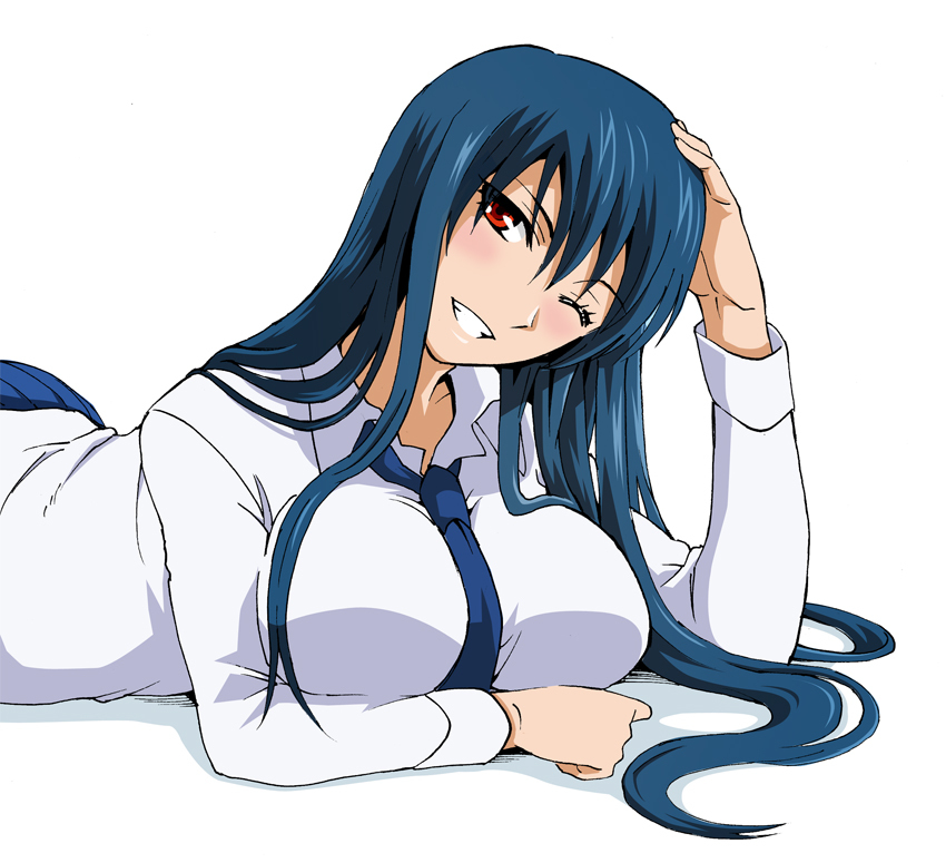 1girl, arm_support, between_breasts, blue_hair, breasts, diamond_cut_diamond, female_focus, hand_on_own_head, huge_breasts, large_breasts, long_hair, lying, necktie, official_art, on_stomach, one_eye_closed, original, red_eyes, shigyou_yuuyami, shirt, smile, solo, taguchi_kenji_(omaep), wink