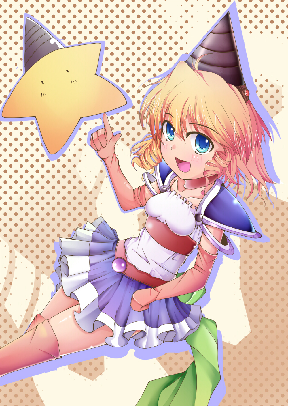 1990s_(style), 1girl, aru_(arudes), blonde_hair, blue_eyes, d4_princess, drill, drill_hair, female_focus, gradient_background, highres, retro_artstyle, ruridou_dorisu, short_hair, solo, star_(symbol), thighhighs