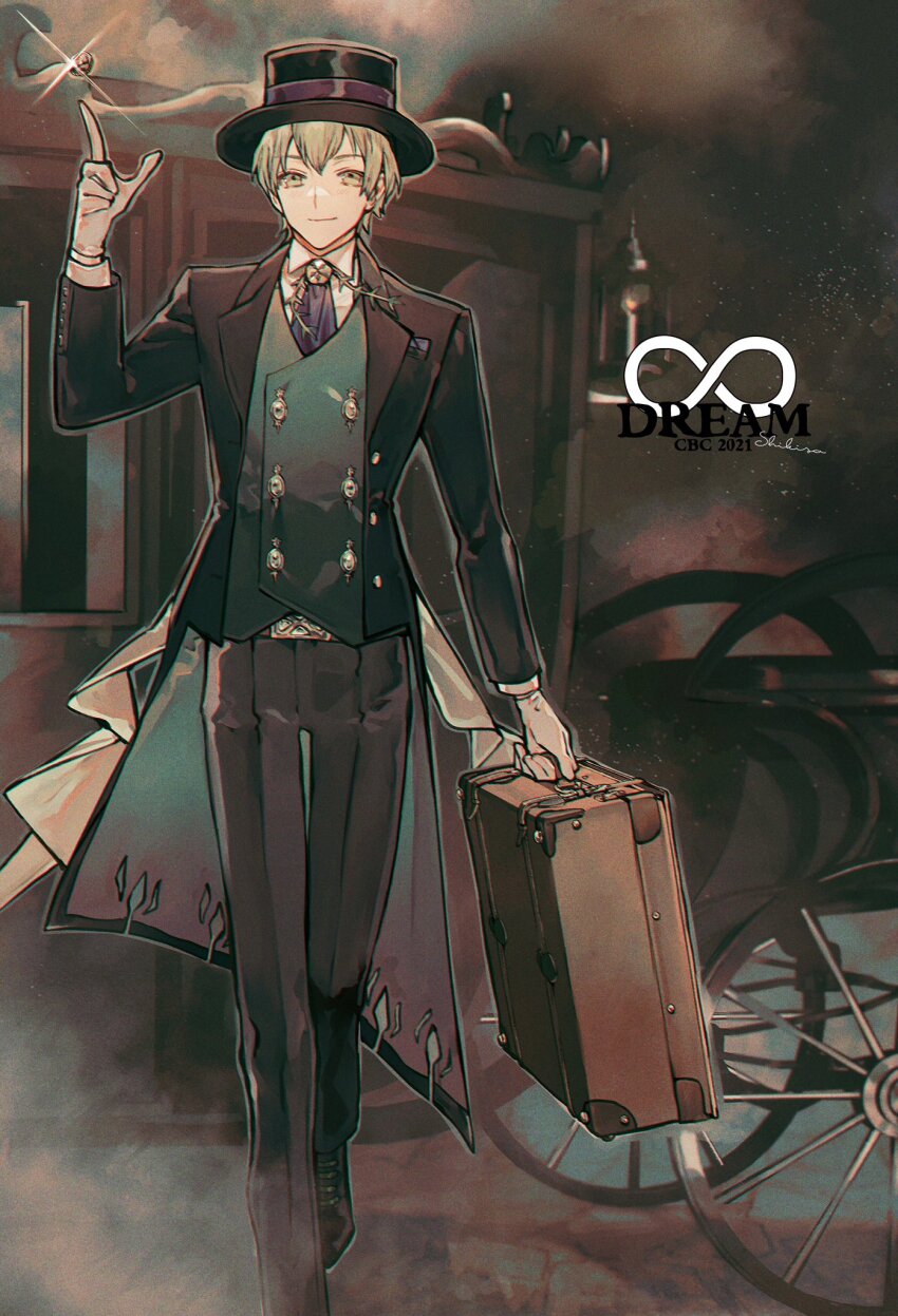 1boy, albino_(a1b1n0623), bag, belt_buckle, black_coat, black_hat, black_pants, black_shoes, blue_necktie, briefcase, brooch, buckle, buttoned_cuffs, buttons, carriage, coat, coin, collared_shirt, david_(fate), david_(infinity_dream)_(fate), double-breasted, fate/grand_order, fate_(series), foot_out_of_frame, formal_clothes, glint, gloves, green_eyes, green_hair, green_vest, hair_between_eyes, hat, highres, holding, holding_bag, holding_briefcase, index_finger_raised, infinity_symbol, jewelry, light_particles, looking_at_viewer, male_focus, necktie, official_alternate_costume, open_clothes, open_coat, oxfords, pants, shirt, shoes, short_hair, smile, smoke, solo, top_hat, vest, walking, white_gloves, white_shirt