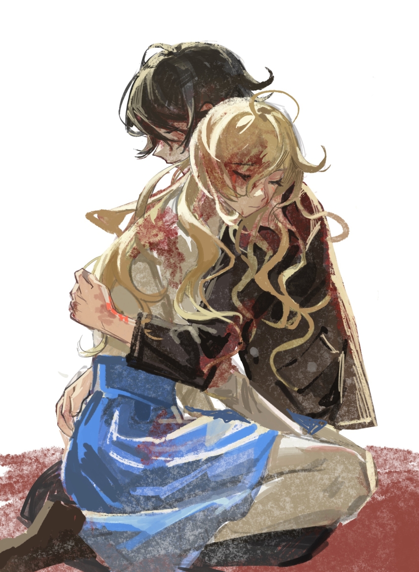 1boy, 1girl, aurore_lee, black_hair, bleeding, blonde_hair, blood, blood_on_face