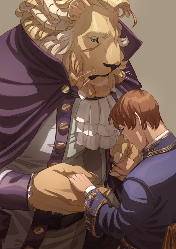 2boys, animal_ears, ascot, bara, beard, beauty_and_the_beast_(disney), commission, european_clothes, facial_hair, facial_scar, feet_out_of_frame, furry, furry_with_non-furry, holding_hands, interspecies, kumanaru, large_hands, large_pectorals, lion_boy, lion_ears, long_beard, looking_at_another, male_focus, multiple_boys, muscular, muscular_male, original, pectorals, prince, scar, scar_on_cheek, scar_on_face, short_hair, size_difference, white_ascot, yaoi, yellow_fur