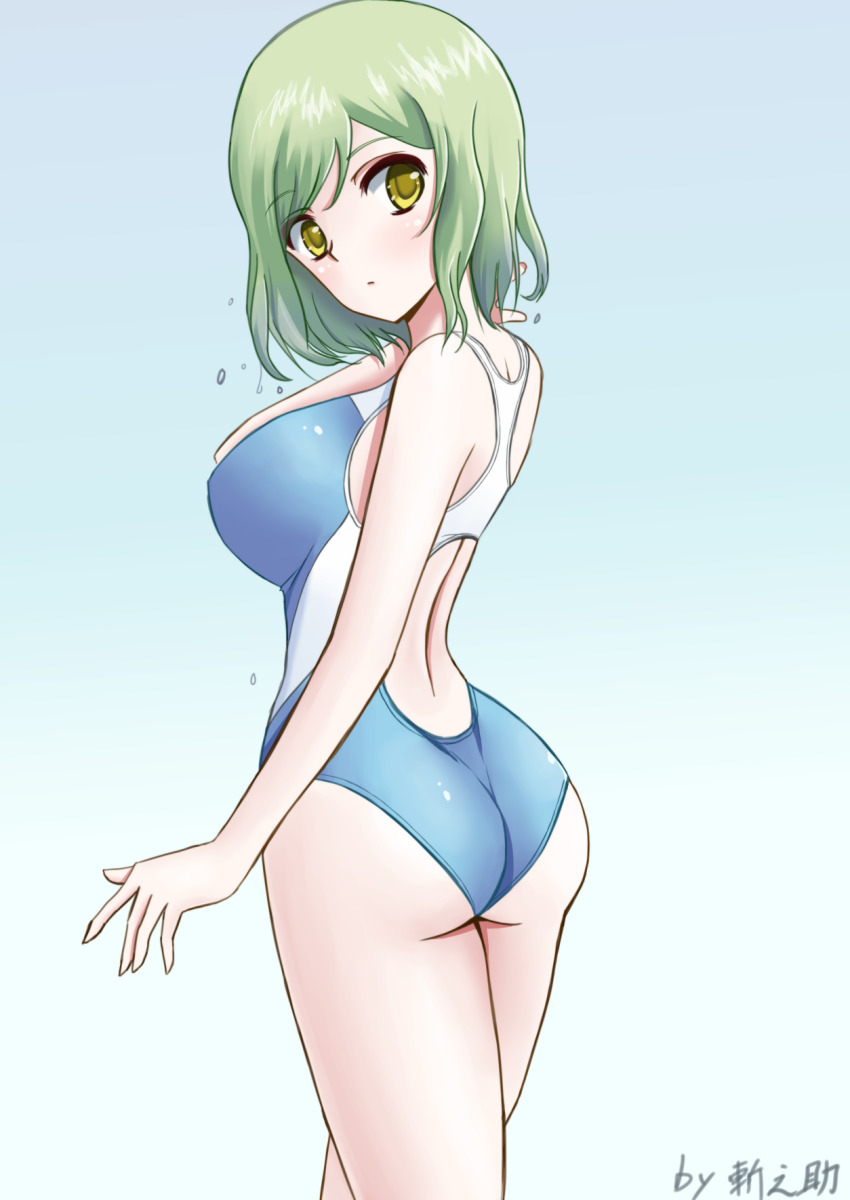 1girl, ass, back_cutout, blue_background, blue_one-piece_swimsuit, breasts, clothing_cutout, commentary_request