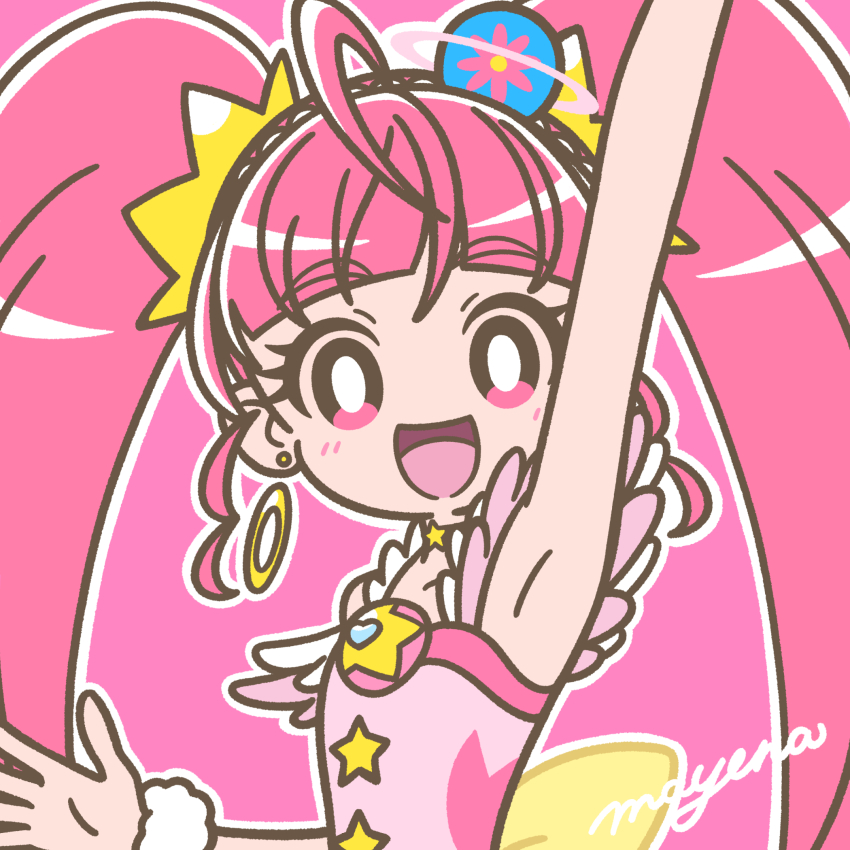 1girl, :d, ahoge, arm_up, blunt_bangs, choker, cure_star, dress