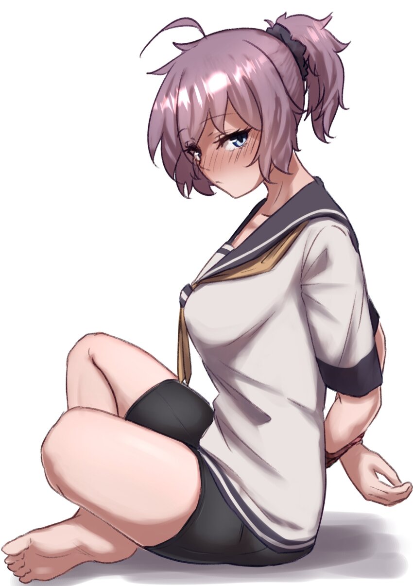 1girl, absurdres, ahoge, aoba_(kancolle), arms_behind_back, barefoot, bike_shorts, black_scrunchie, black_shorts, blue_eyes, blush, bound, breasts, from_side, frown, full_body, grey_sailor_collar, hair_ornament, hair_scrunchie, high_ponytail, highres, ikadamo, indian_style, kantai_collection, looking_at_viewer, medium_breasts, messy_hair, neckerchief, nose_blush, ponytail, purple_hair, sailor_collar, sailor_shirt, scrunchie, shirt, shorts, sideways_glance, simple_background, sitting, solo, tied_up_(nonsexual), white_background, white_shirt, yellow_neckerchief
