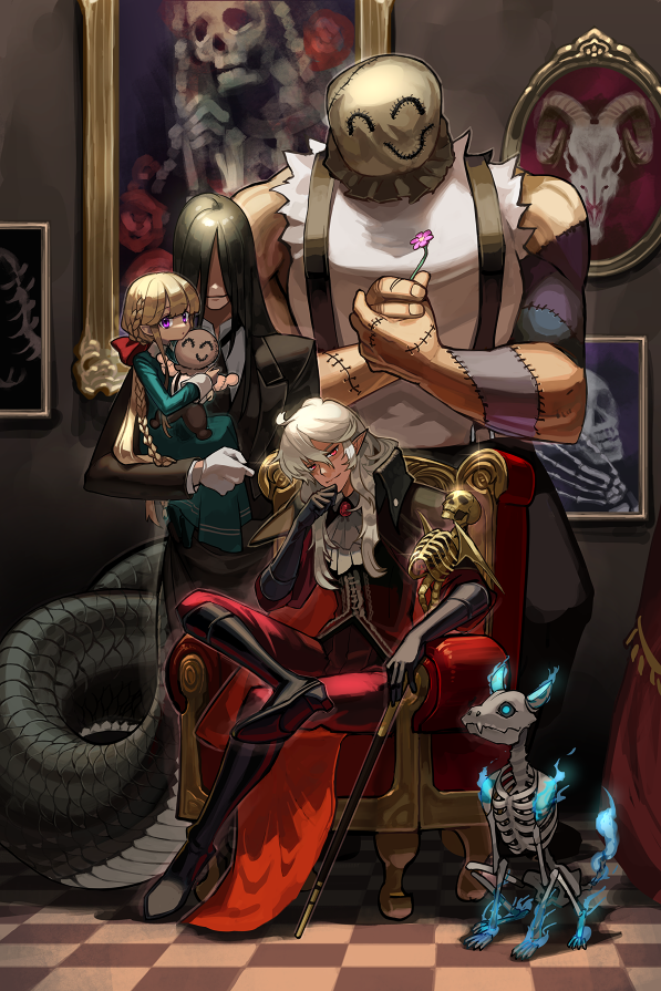 1girl, 3boys, animal_skeleton, armchair, ascot, bag_over_head, black_footwear, black_gloves