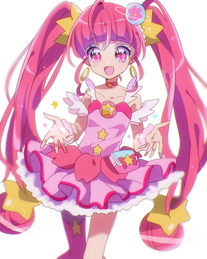 1girl, :d, ahoge, blunt_bangs, choker, cure_star, dress, earrings