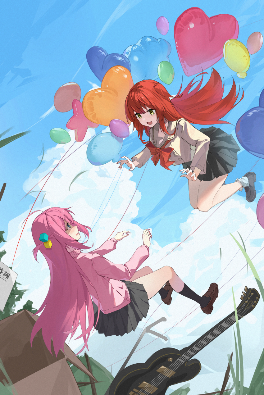 2girls, :d, absurdres, balloon, black_skirt, black_socks, blue_eyes, blue_sky