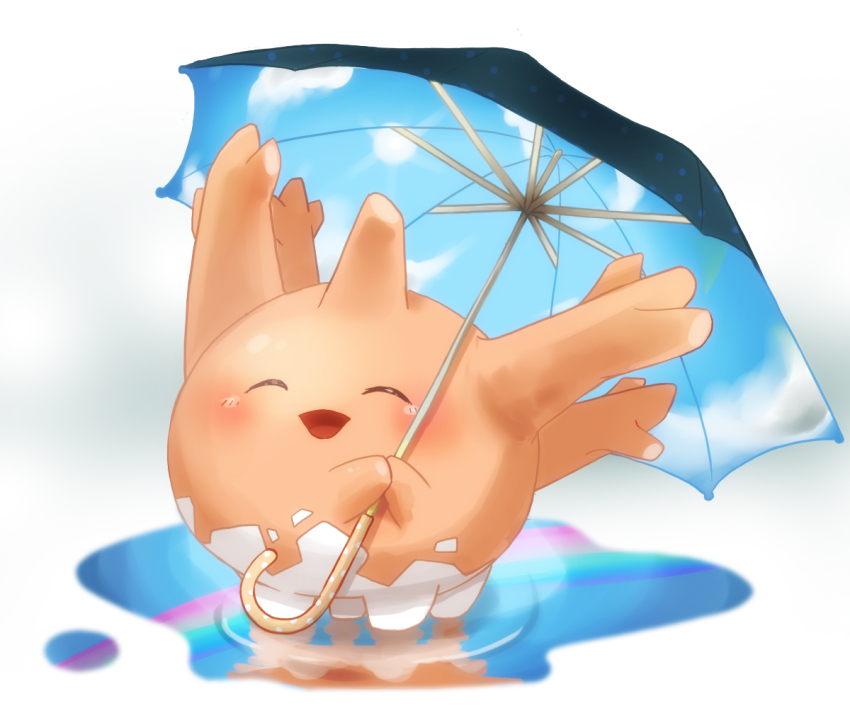 a_world_underneath, blush_stickers, chappii, closed_eyes, cloud, corsola, creature, gen_2_pokemon, holding, holding_umbrella, nintendo, no_humans, open_mouth, pokemon, pokemon_(creature), puddle, rainbow, reflection, reflective_liquid, ripples, simple_background, solo, umbrella, white_background