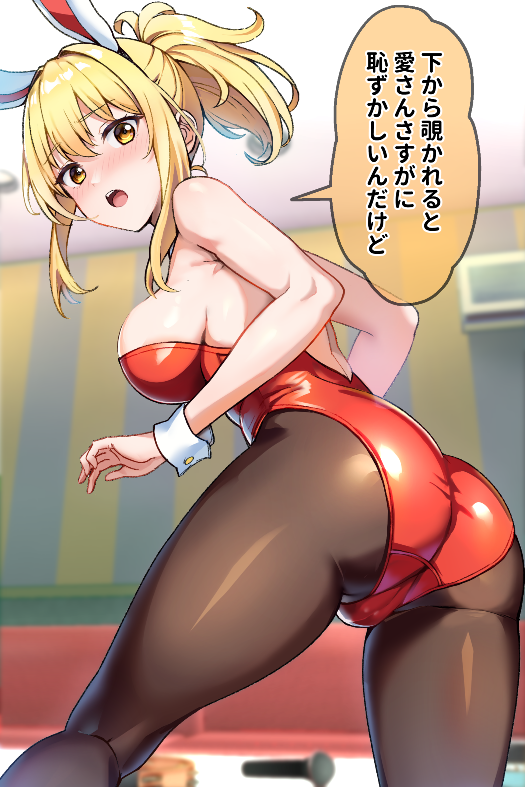 1girl, aiai_(okiraku_rough_nisshi), animal_ears, ass, bare_arms, bare_shoulders, blonde_hair, blurry, blurry_background, blush, breasts, brown_pantyhose, commentary_request, cowboy_shot, fake_animal_ears, from_behind, from_below, highres, indoors, instrument, kneepits, leg_up, leotard, looking_at_viewer, looking_back, looking_down, love_live!, love_live!_nijigasaki_high_school_idol_club, medium_breasts, medium_hair, microphone, miyashita_ai, nose_blush, open_mouth, pantyhose, playboy_bunny, ponytail, rabbit_ears, red_leotard, sidelocks, solo, speech_bubble, standing, strapless, strapless_leotard, tambourine, teeth, thighs, translation_request, upper_teeth_only, wrist_cuffs, yellow_eyes