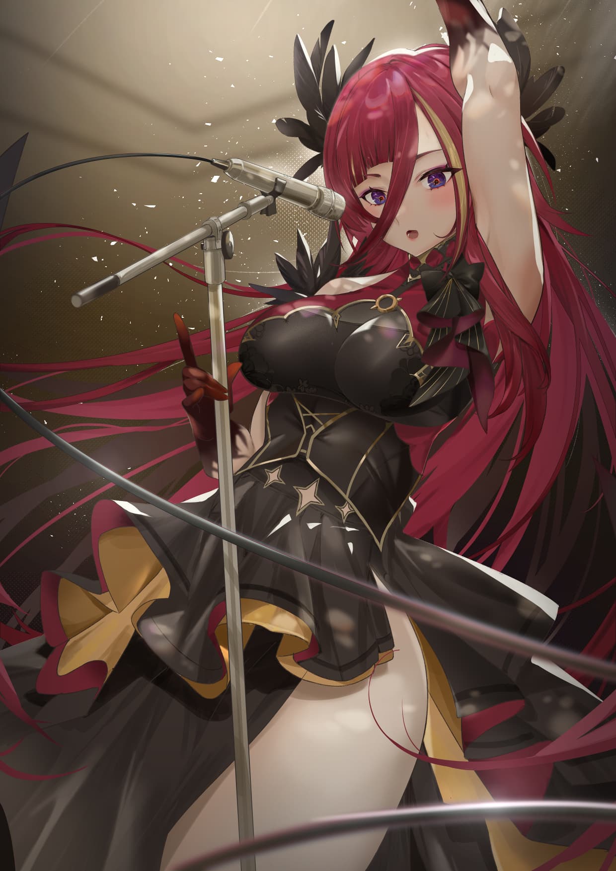 1girl, arm_up, bare_hips, bare_shoulders, black_bow, black_dress, blonde_hair, blunt_bangs