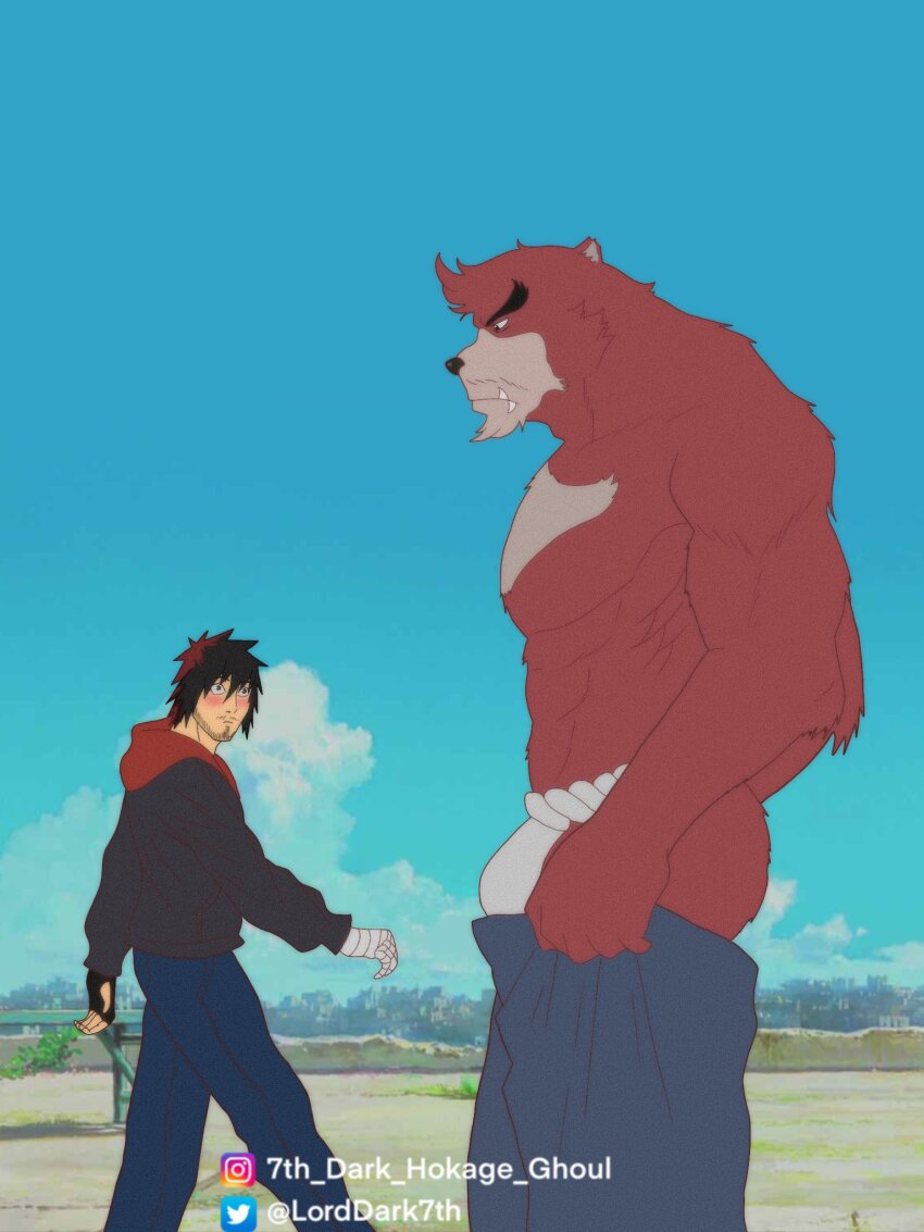 2boys, 7th_dark_hokage, abs, aged_up, animal_ears, ass, bakemono_no_ko, bara, bear_boy, bear_ears, beard, brown_fur, bulge, distracted_boyfriend_(meme), dressing, facial_hair, feet_out_of_frame, forked_eyebrows, from_side, fundoshi, furry, furry_male, furry_with_non-furry, highres, i've_never_seen_a_guy_recreate_this_successfully_tbh_(meme), interspecies, japanese_clothes, kumatetsu, kyuuta_(bakemono_no_ko), large_bulge, large_pectorals, looking_at_bulge, male_focus, male_underwear, meme, multiple_boys, muscular, muscular_male, nipples, open_pants, pants, pants_lift, pectorals, short_hair, stomach, stubble, thick_eyebrows, topless_male, tusks, undersized_clothes, underwear, upper_body, white_male_underwear