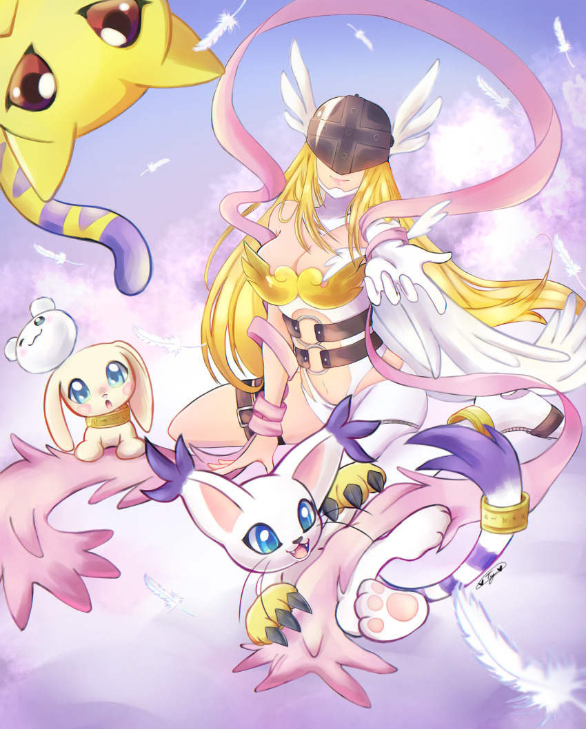 1girl, :3, absurdres, angel, angel_wings, angewomon, asymmetrical_clothes, bare_shoulders