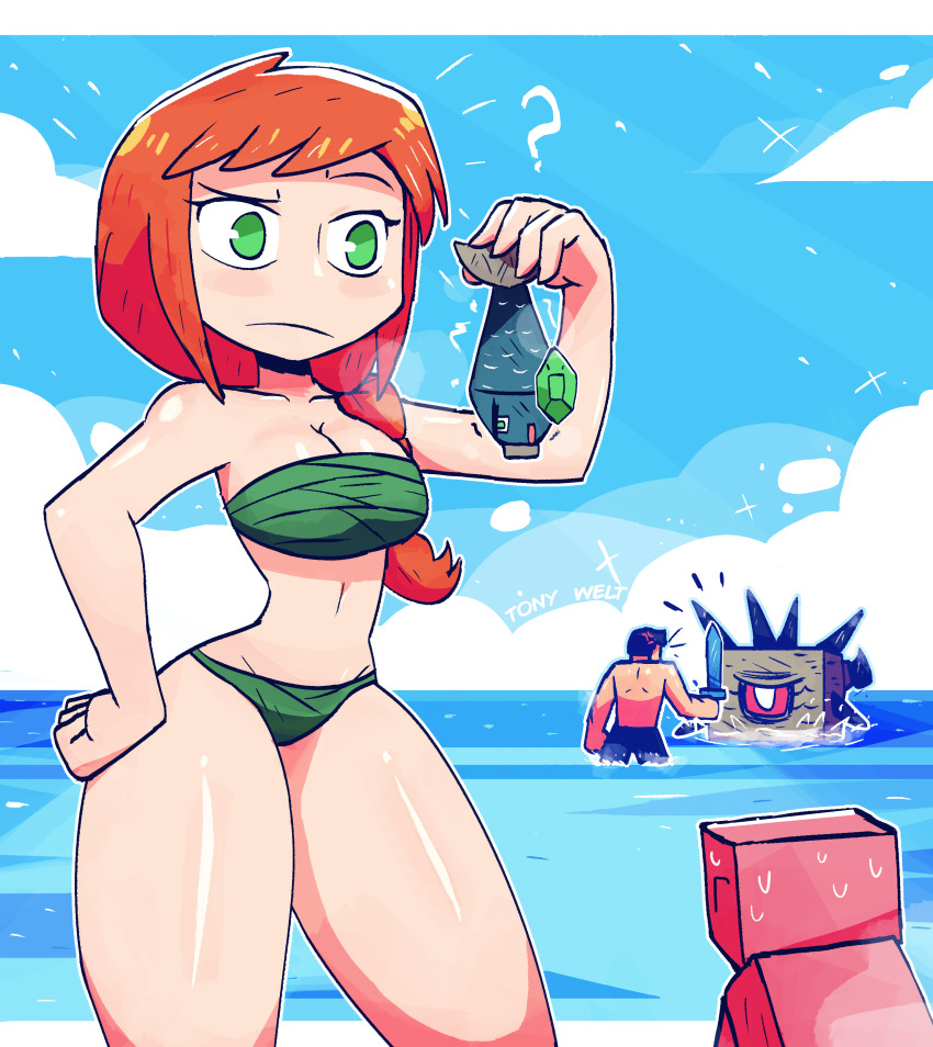 1boy, 1girl, ?, absurdres, alex_(minecraft), animal, bikini, black_swim_trunks, braid, breasts, cleavage, cloud, collarbone, elder_guardian_(minecraft), fish, fishing_rod, gem, green_bikini, green_eyes, green_gem, guardian_(minecraft), hand_on_own_hip, highres, holding, holding_animal, holding_fish, holding_sword, holding_weapon, large_breasts, long_hair, male_swimwear, minecraft, navel, ocean, orange_hair, pig, pig_(minecraft), raised_eyebrow, sky, sparkle, speech_bubble, steve_(minecraft), sweat, swim_trunks, swimsuit, sword, thick_thighs, thighs, tony_welt, topless_female, villager_(minecraft), water, weapon