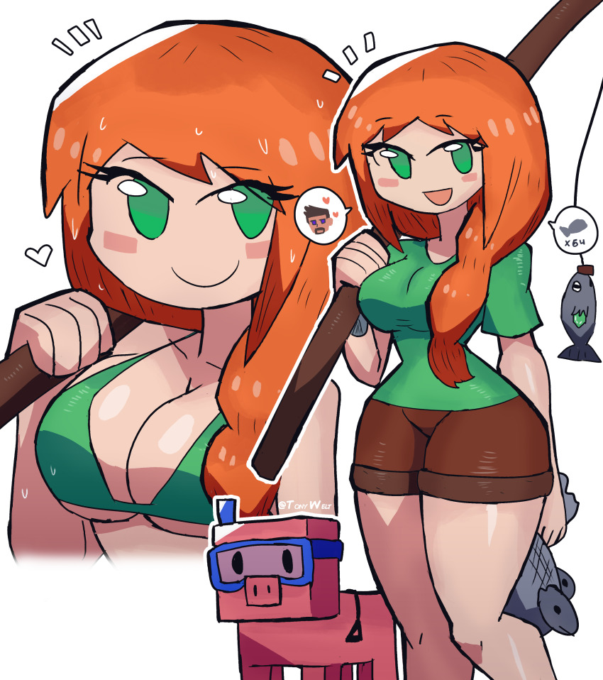 1girl, absurdres, alex_(minecraft), bikini, fish, fishing_rod, green_bikini, highres, minecraft, orange_hair, pig_(minecraft), speech_bubble, swimsuit, tony_welt