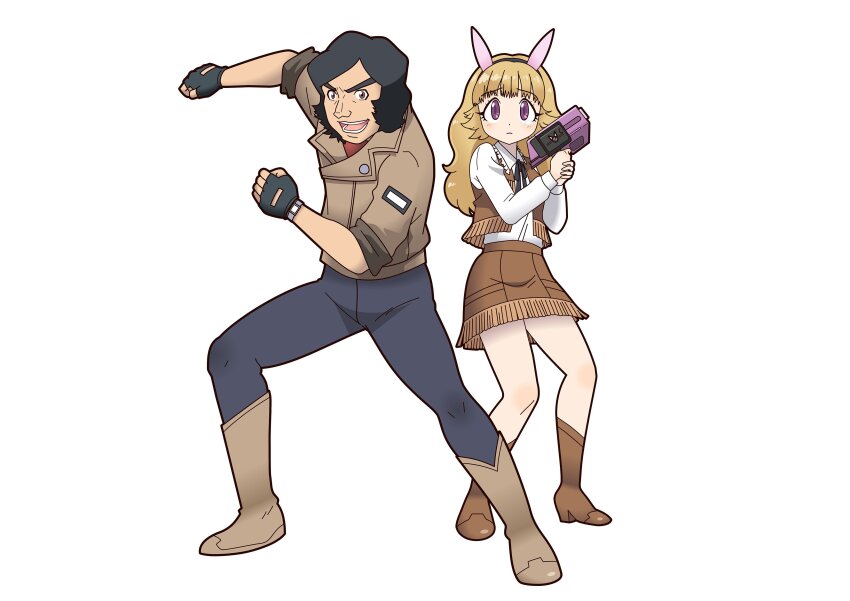 1boy, 1girl, absurdres, black_hair, brown_hair, game_cg, highres, keroro_gunsou